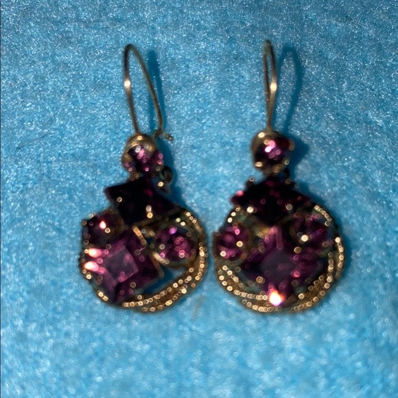 AMETHYST vintage rare antique faux cluster pierced wire earrings drop style gold - Picture 4 of 7
